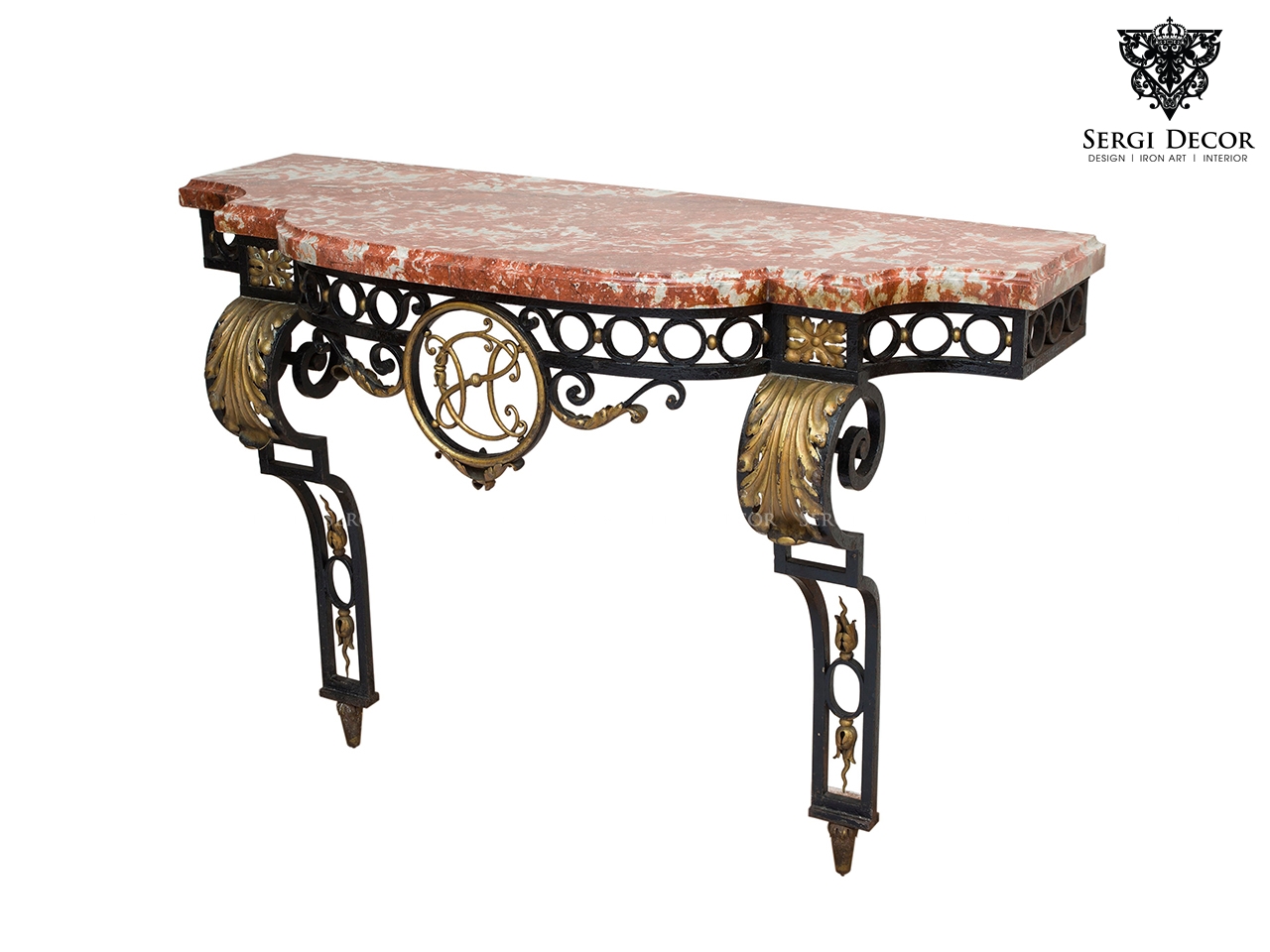 Bàn console mặt đỏ nâu với yếm họa tiết tròn và chân trang trí